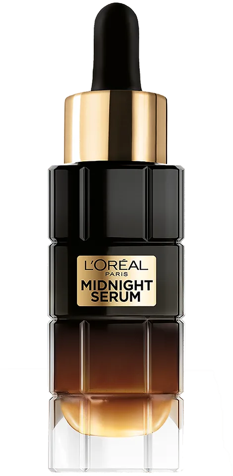 L'Oréal Paris Age Perfect Midnight Serum in a dark glass dropper bottle with burgundy accents