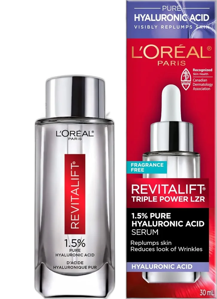 L'Oréal Paris Revitalift Derm Intensives 1.5% Pure Hyaluronic Acid Serum in a glass dropper bottle