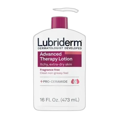 Lubriderm Advanced Therapy Fragrance-Free Moisturizing Lotion in a white bottle