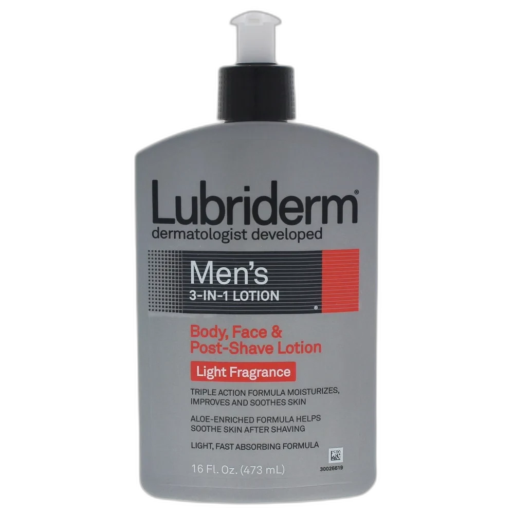 Lubriderm Men's 3-in-1 Lotion in a pump bottle with blue-gray branding
