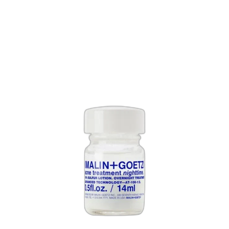 Malin + Goetz Acne Treatment Nighttime Serum frosted glass bottle with pink sulfur sediment