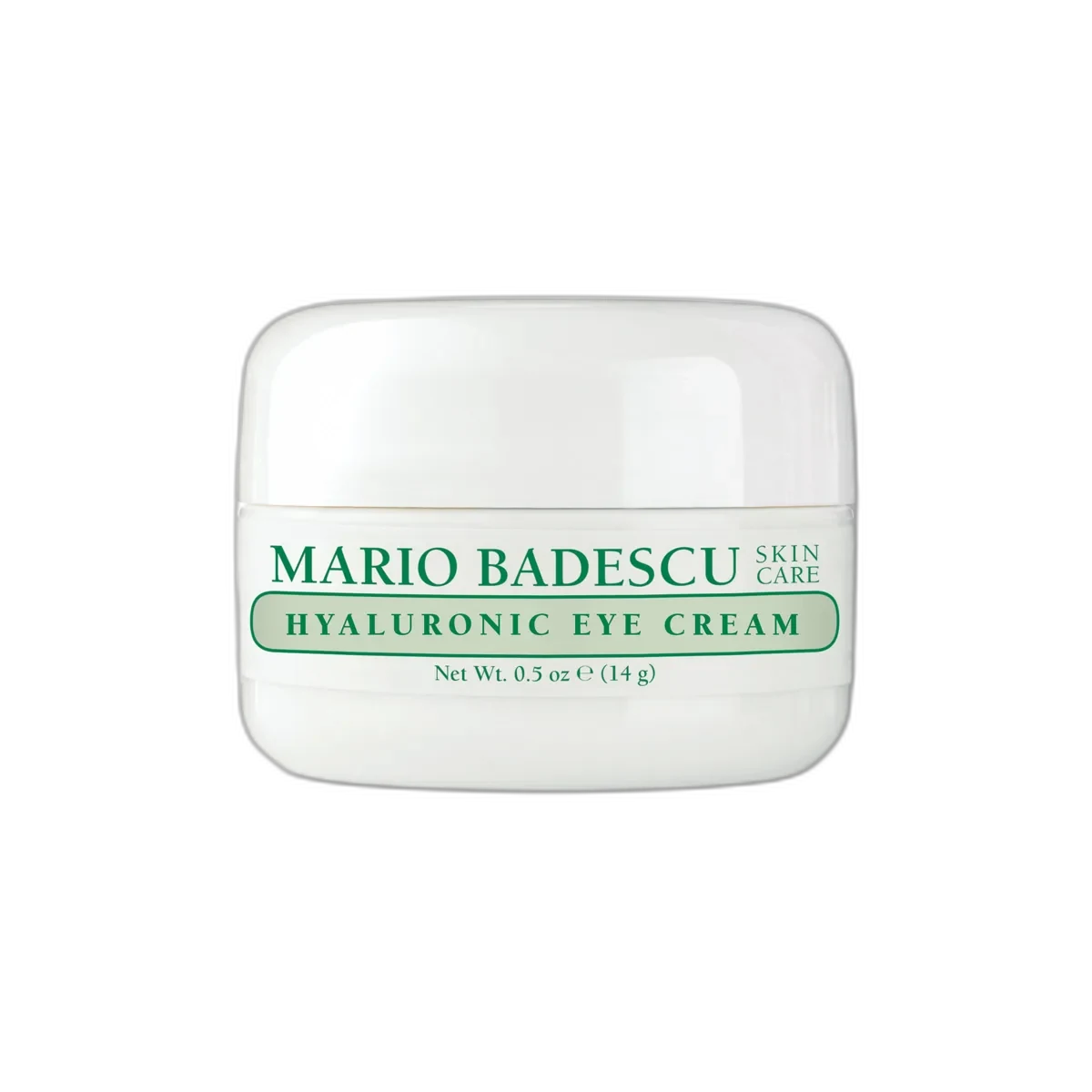 Mario Badescu Hyaluronic Eye Cream in a small glass jar with white and green label