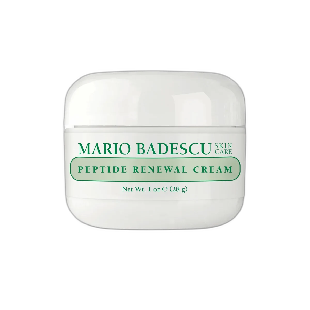 Mario Badescu Peptide Renewal Cream in a glass jar with white and green label