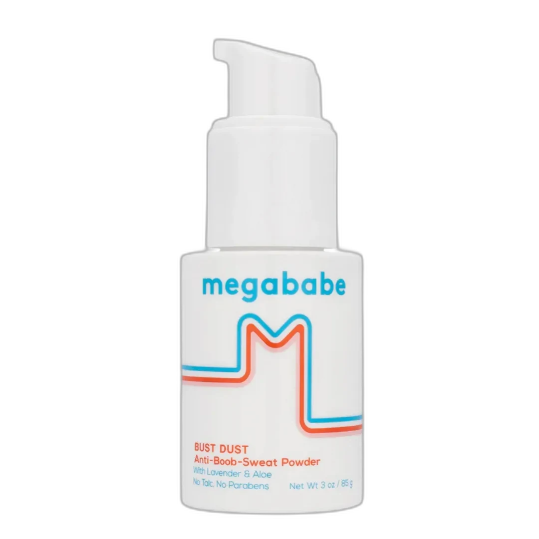 Megababe Bust Dust Anti-Boob-Sweat Powder bottle with pump applicator