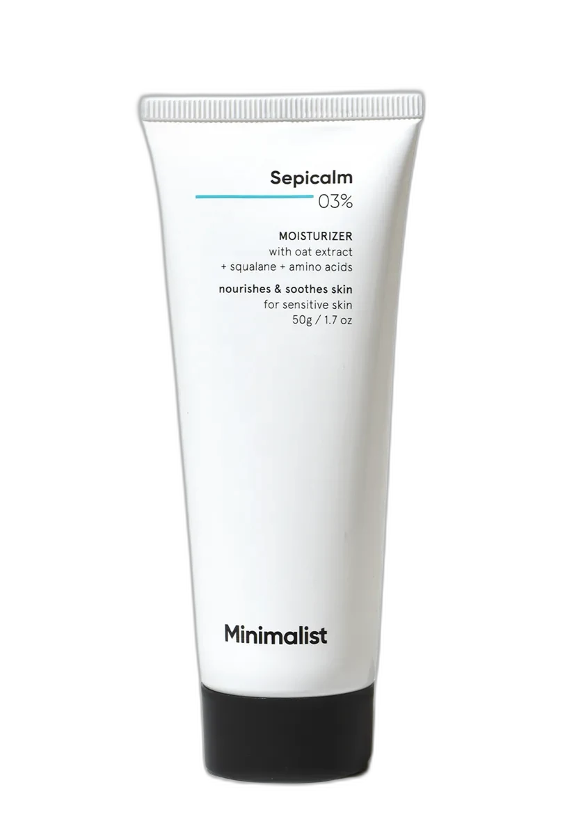 Minimalist Sepicalm 3% + Oat Face Moisturizer in a 50g white tub with orange branding
