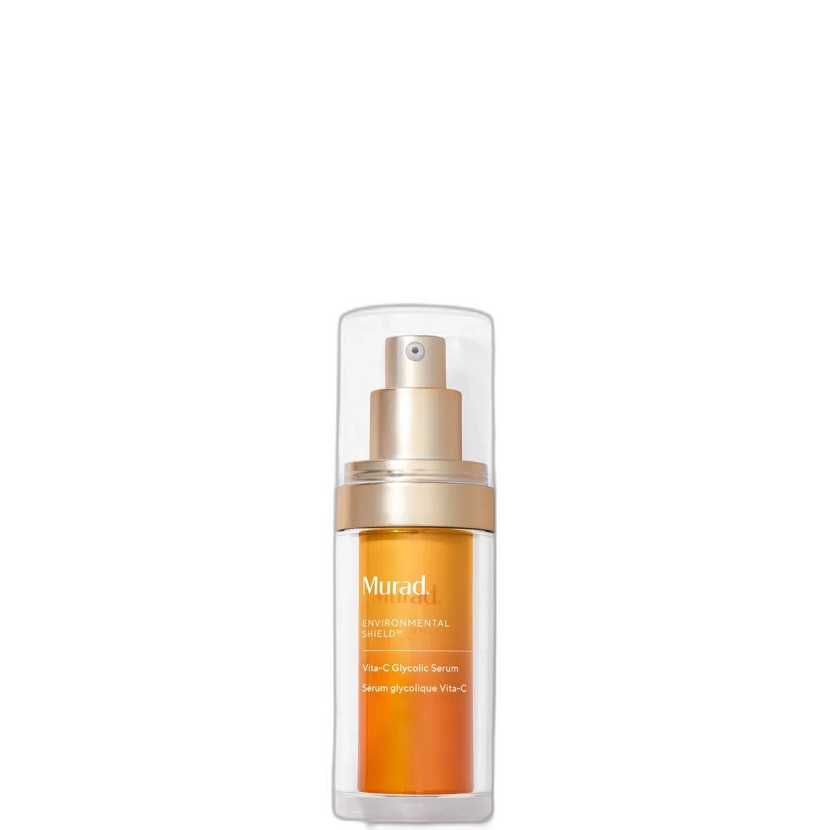 Murad Vita-C Glycolic Brightening Serum in dual-chamber pump bottle with orange and white packaging