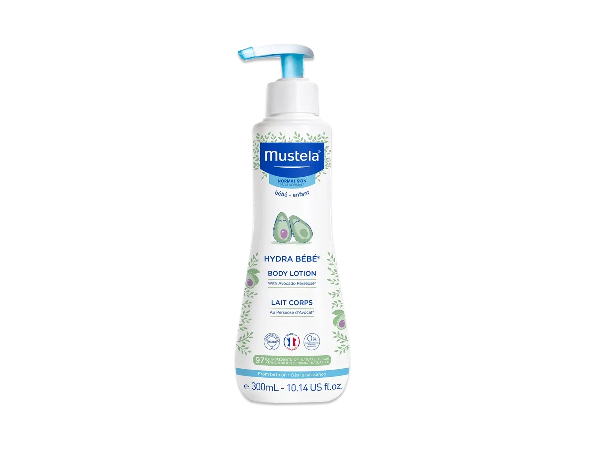 Mustela Hydra Bébé Body Lotion bottle with green and white packaging featuring avocado illustration