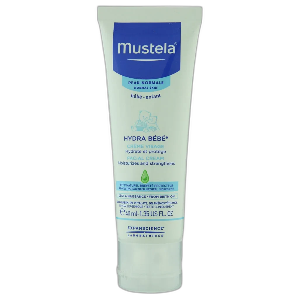 Mustela Hydra Bébé Face Cream tube, 1.35 fl oz, daily baby facial moisturizer with avocado perseose