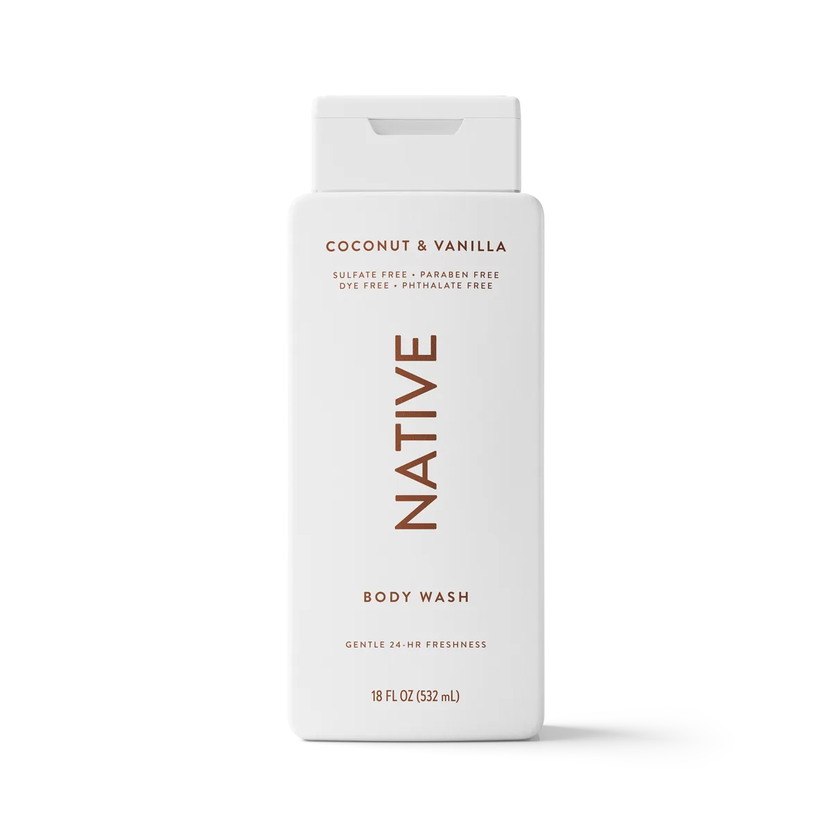 Native Coconut & Vanilla Body Wash bottle with white and teal label