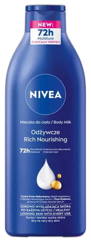 Nivea Rich Nourishing Body Lotion, white bottle with dark blue Nivea branding