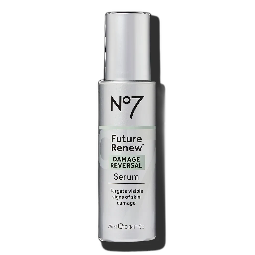 No7 Future Renew Damage Reversal Serum bottle with pump in rose-gold packaging