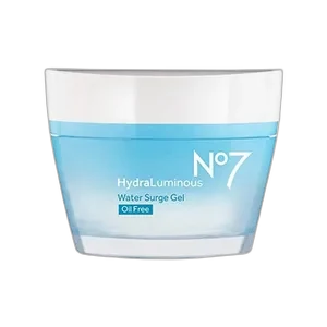 No7 HydraLuminous Water Gel lightweight moisturizer in turquoise glass jar
