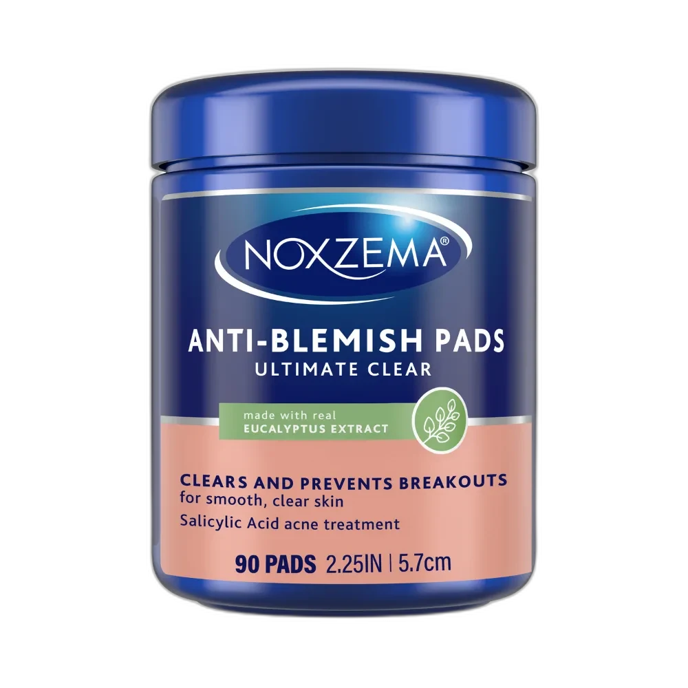 Noxzema Ultimate Clear Anti-Blemish Pads container with 90 pre-soaked salicylic acid treatment pads