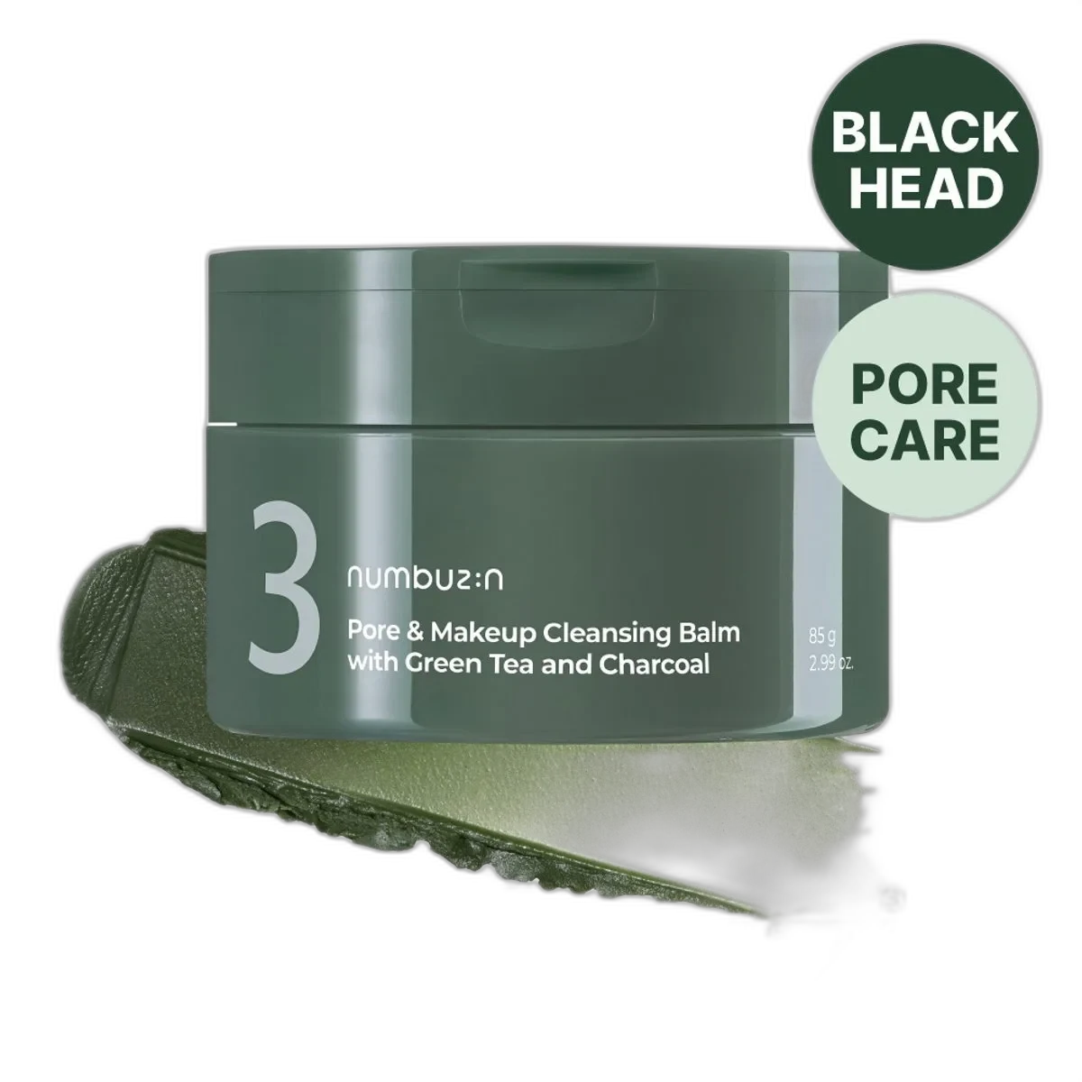 Numbuzin No. 3 Pore & Makeup Cleansing Balm in a jar showing green balm with visible green tea
