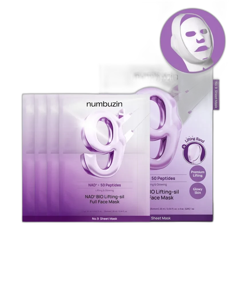Numbuzin No. 9 NAD+ BIO Lifting-sil Full Face Mask box with sheet masks and lifting band