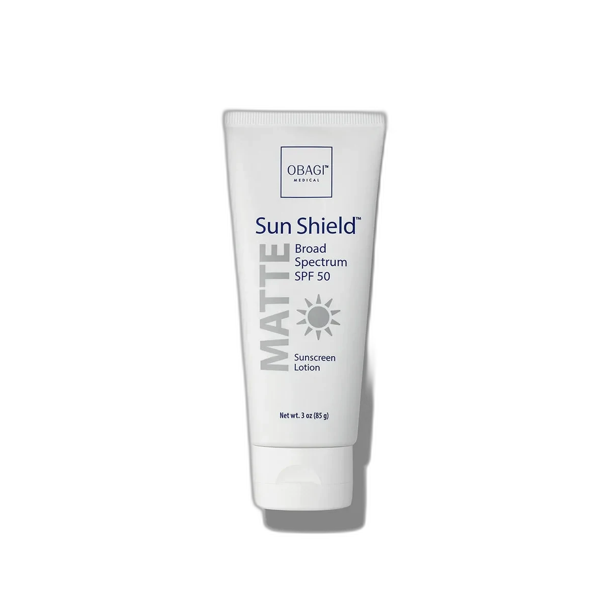 Obagi Sun Shield Matte Broad Spectrum SPF 50 white tube with blue and grey Obagi branding