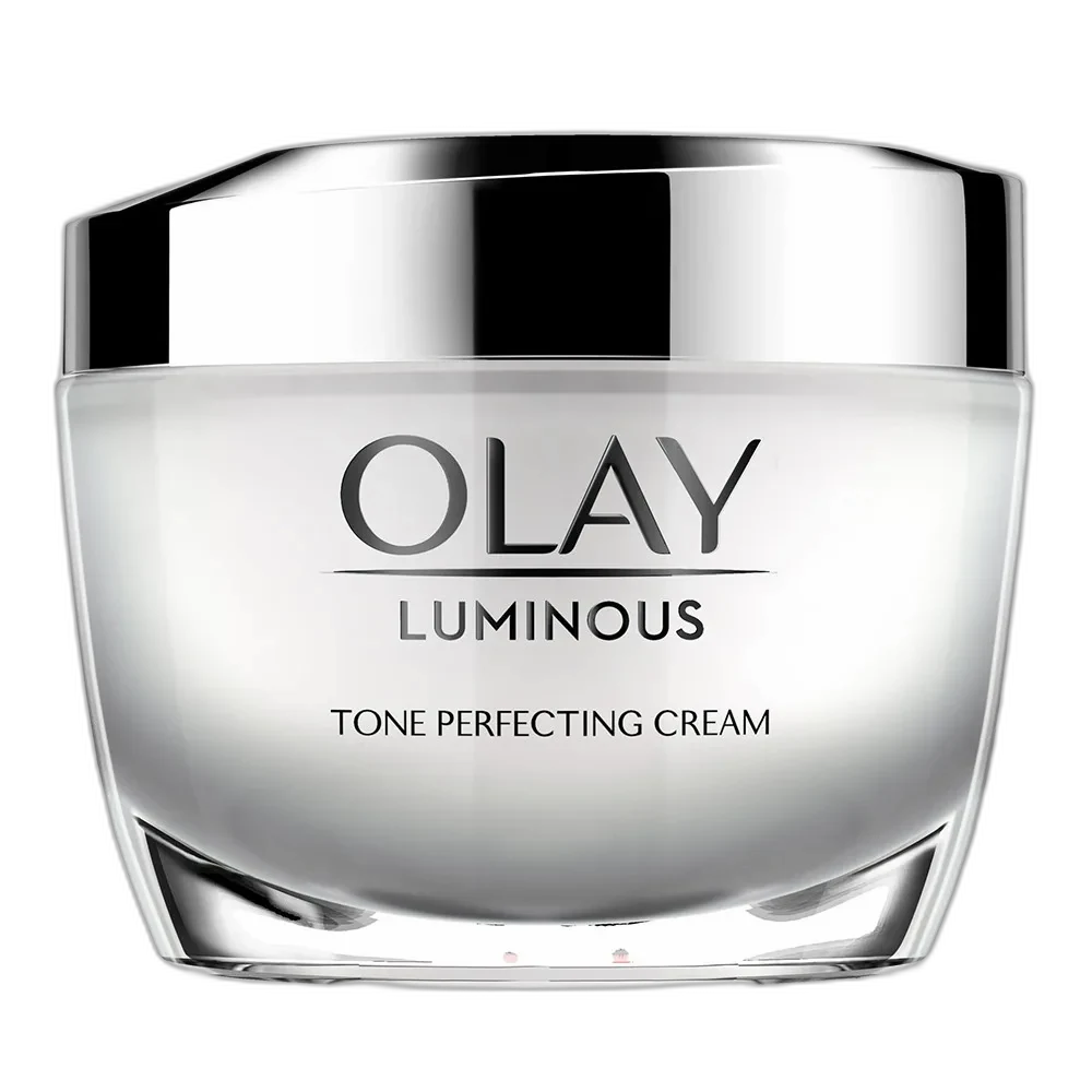 Olay Luminous Tone Perfecting Cream in white pearlescent jar with screw-top lid