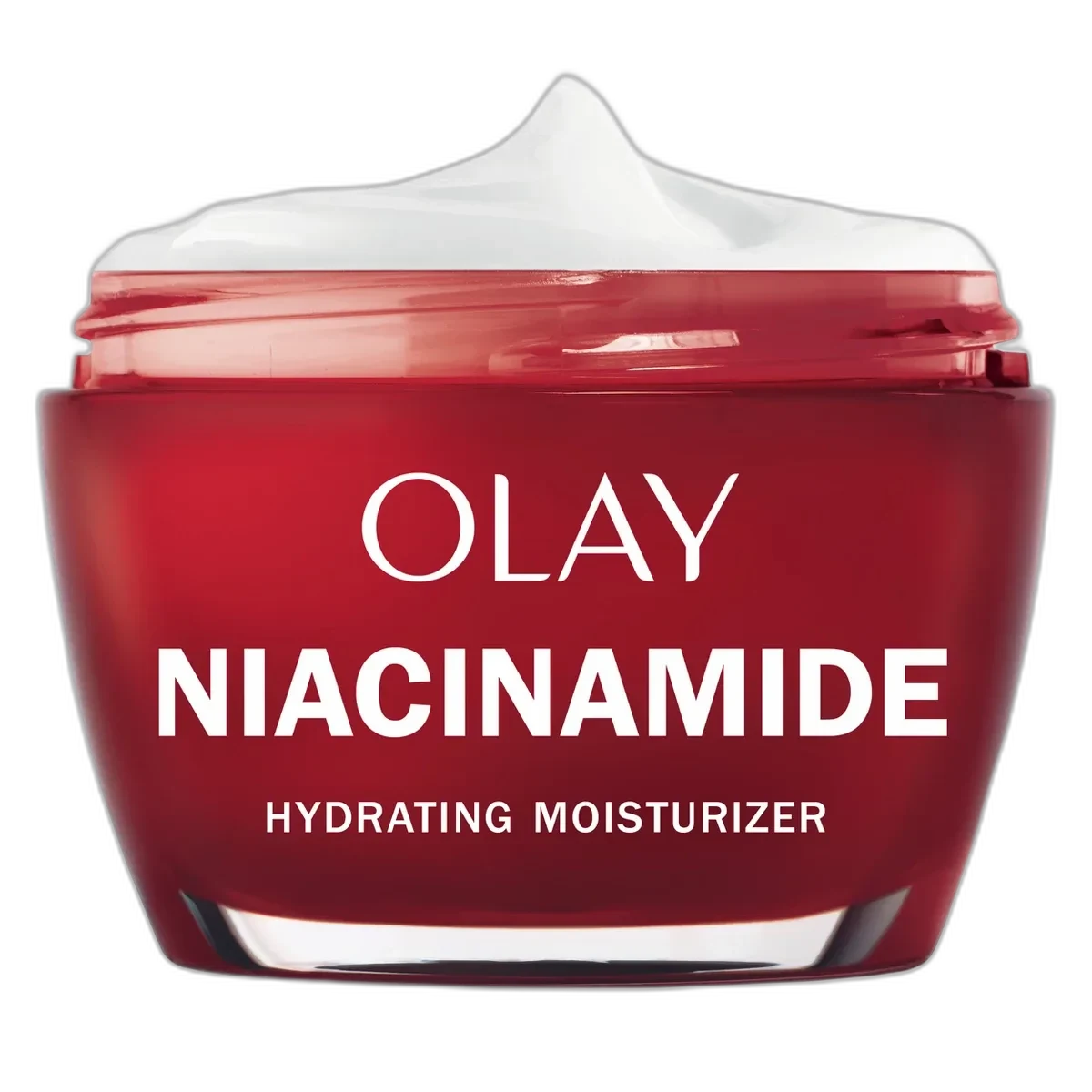 Olay Regenerist Niacinamide + Peptide 24 Hydrating Moisturizer in signature red jar with gold