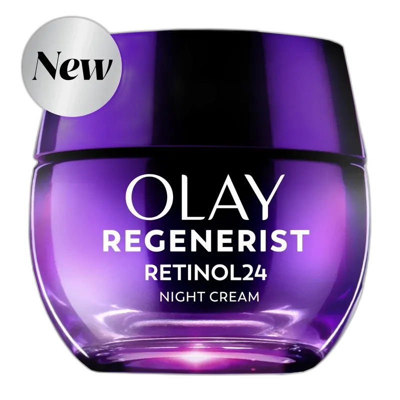 Olay Regenerist Retinol 24 Night Eye Cream in purple jar with gold lid
