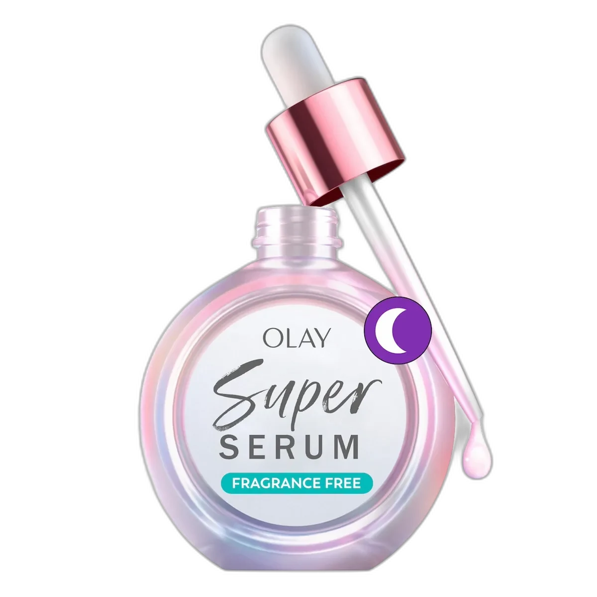 Olay Super Serum Night Repair in dark purple bottle with gold text and moon icon