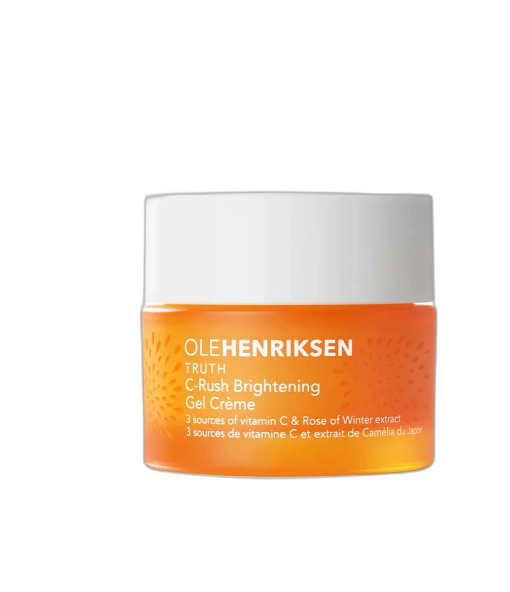 Ole Henriksen C-Rush Vitamin C Gel Crème yellow jar with peach-tinted gel cream visible