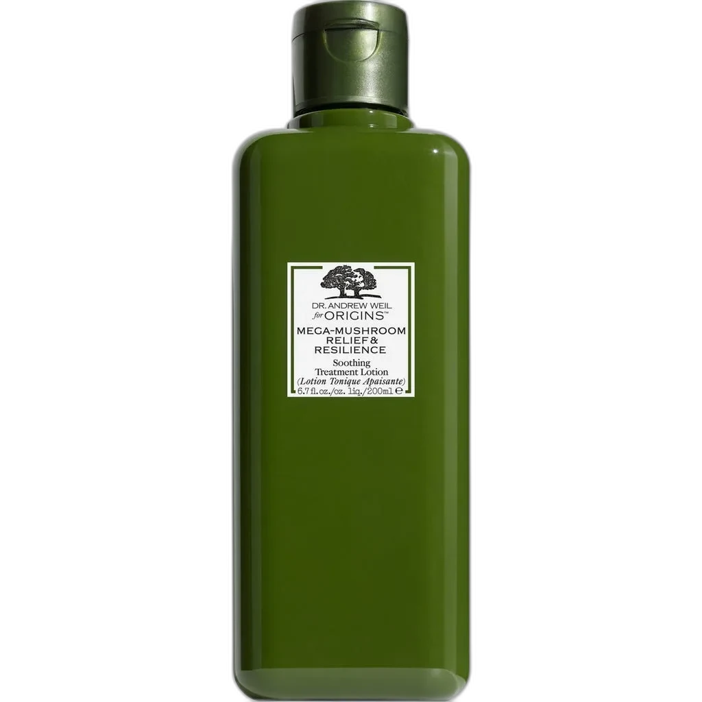 Origins Mega-Mushroom Relief & Resilience Soothing Treatment Lotion transparent glass bottle