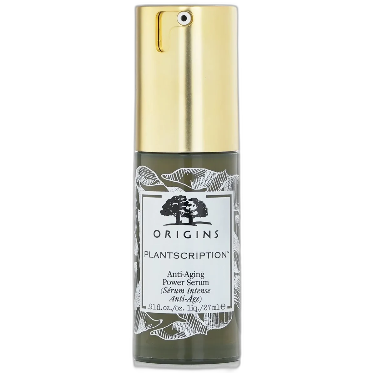 Origins Plantscription Anti-Aging Power Serum in a frosted glass bottle with green pump dispenser