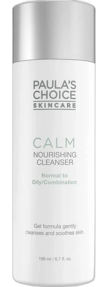 Paula's Choice CALM Redness Relief Cleanser in a white squeeze bottle with green branding