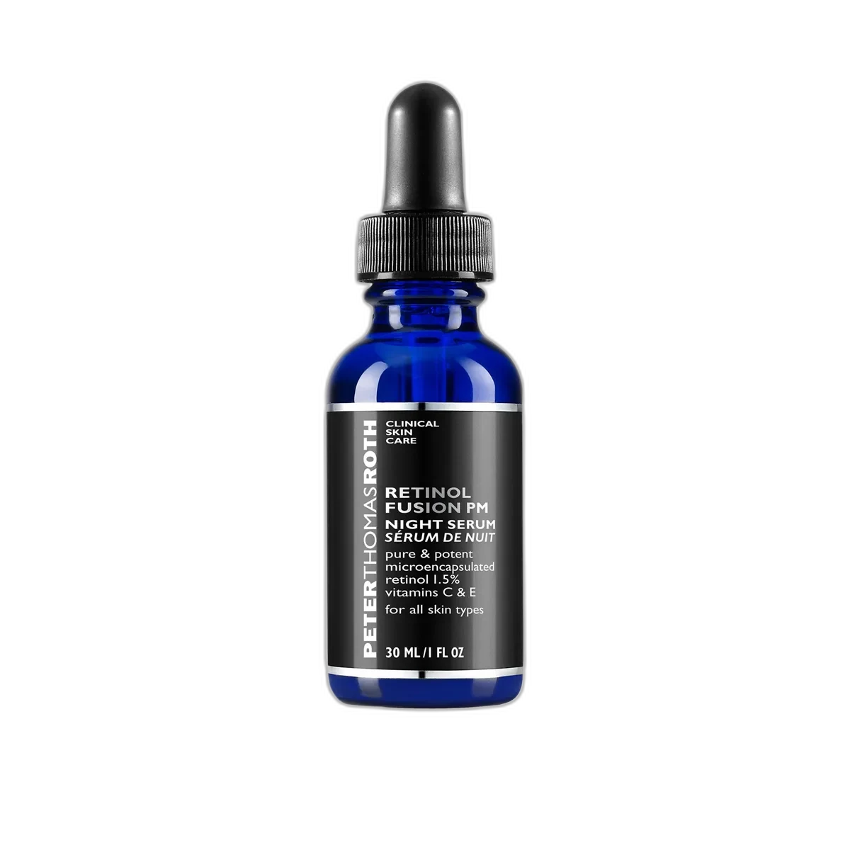 Peter Thomas Roth Retinol Fusion PM Night Serum in a glass bottle with dropper applicator