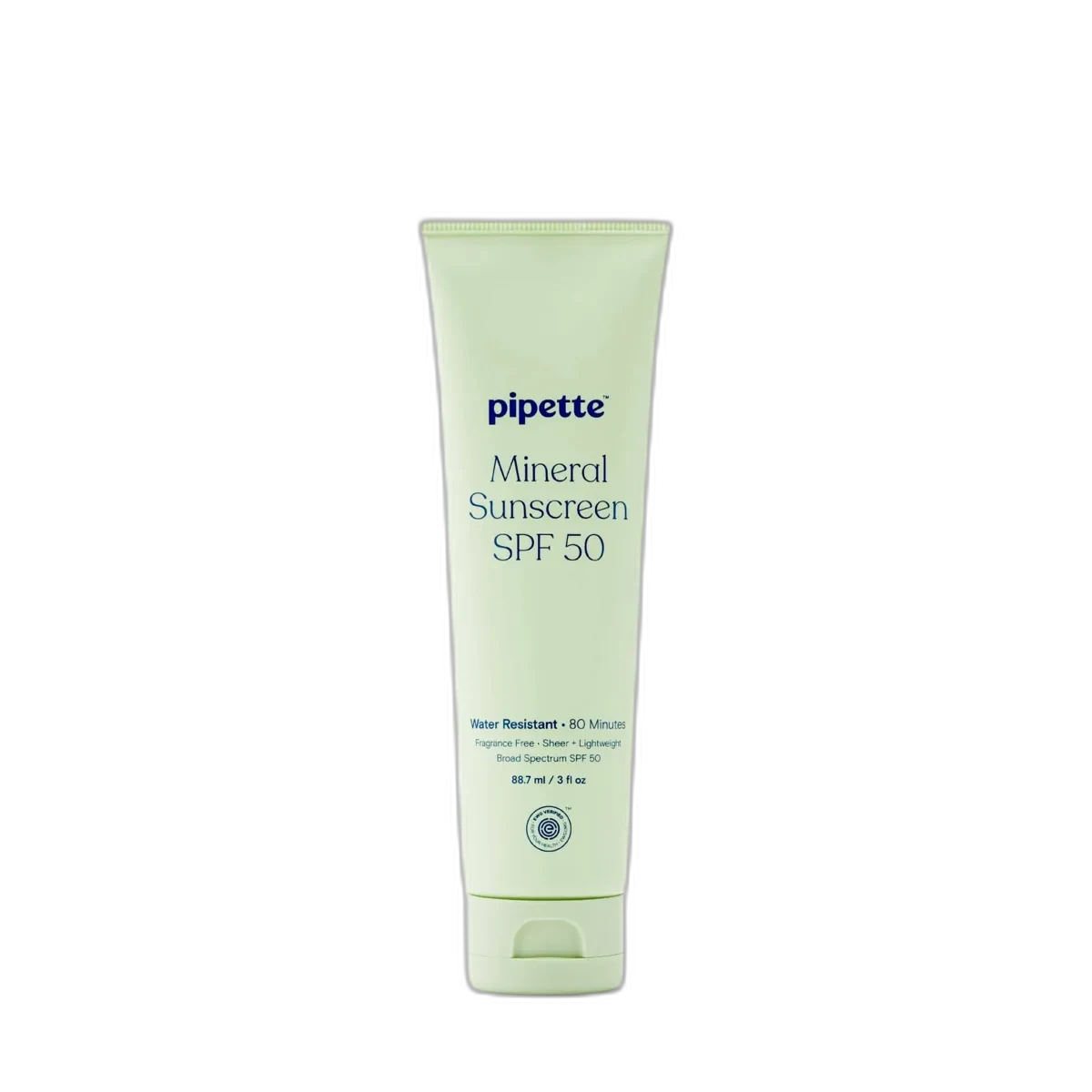 Pipette Mineral Sunscreen Broad Spectrum SPF 50 white squeeze tube with clean minimalist design