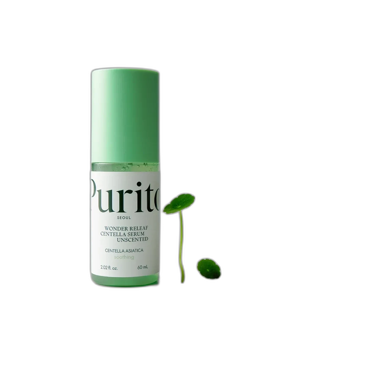 Purito Centella Unscented Serum bottle with pump dispenser and minimalist white label