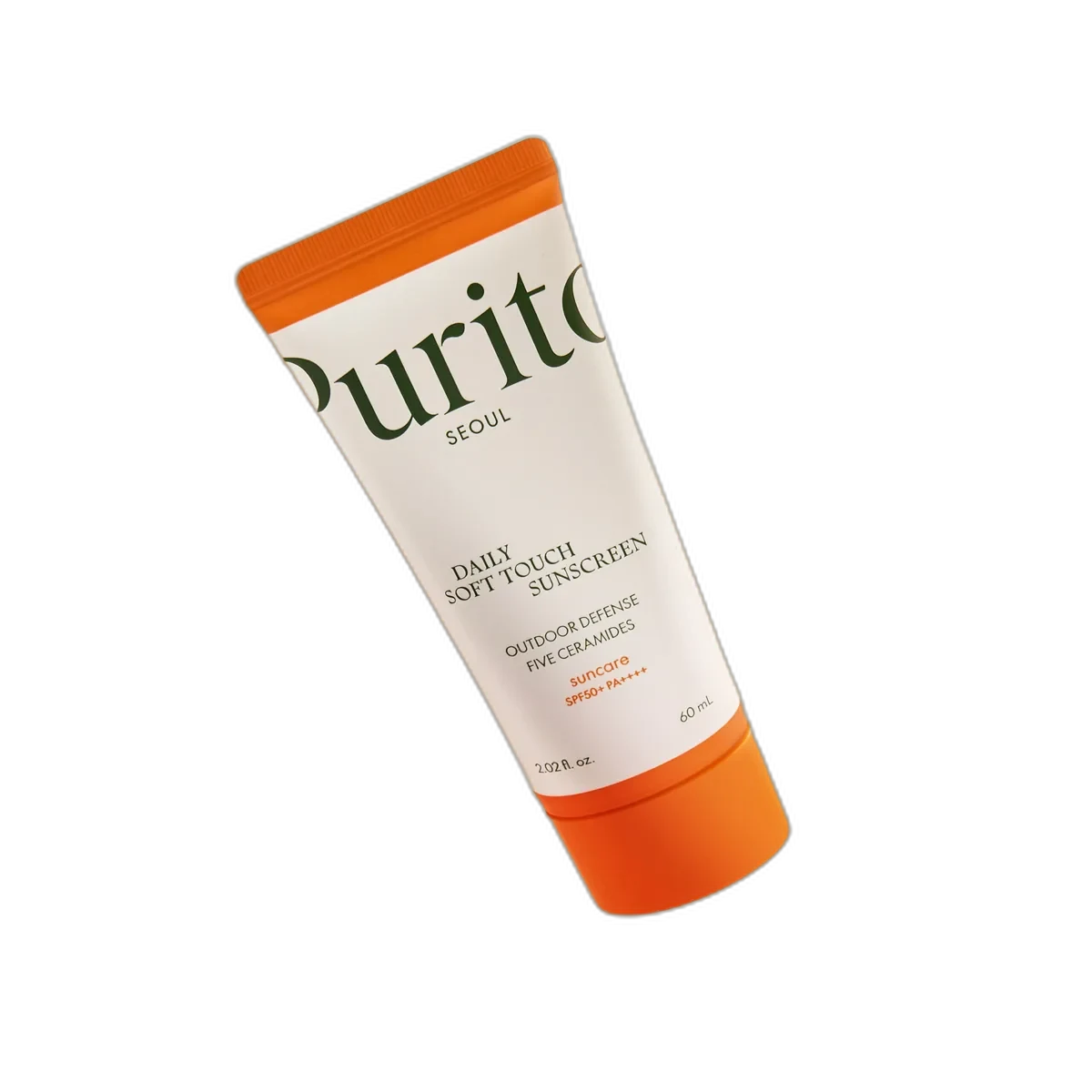 Purito Daily Soft Touch Sunscreen SPF 50+ in a white squeeze tube with minimalist Purito Seoul