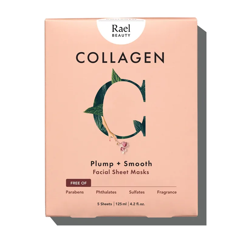 Rael Collagen Sheet Masks 5-pack box with bamboo-substrate mask