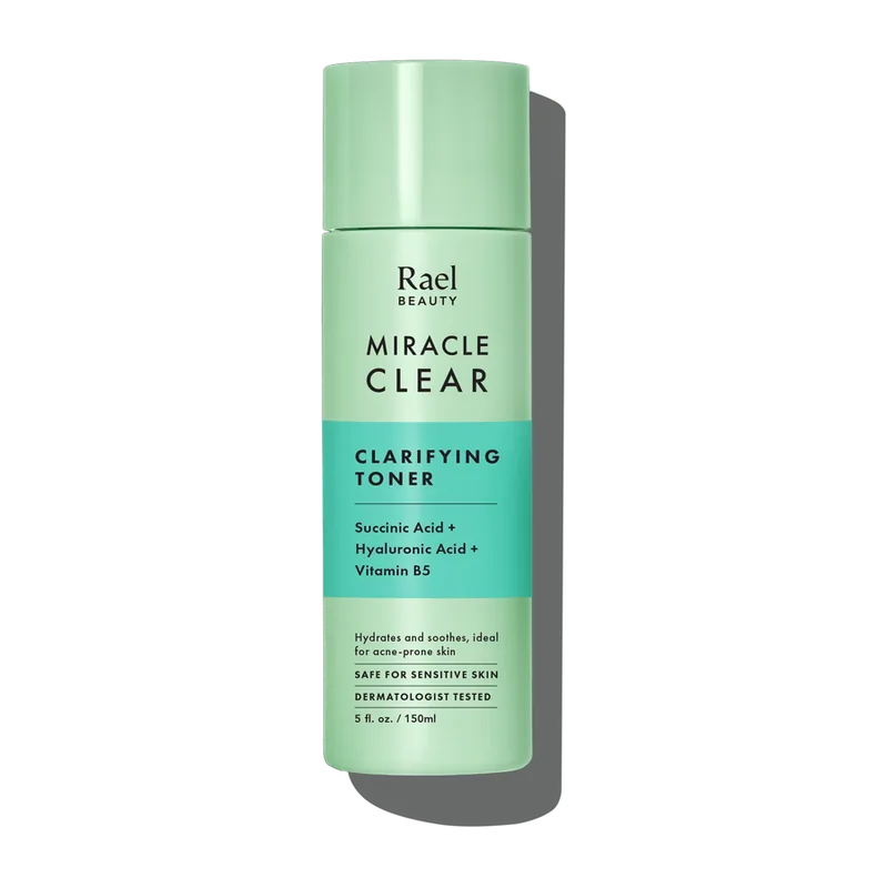 Rael Miracle Clear Clarifying Toner clear bottle with mint-green branding