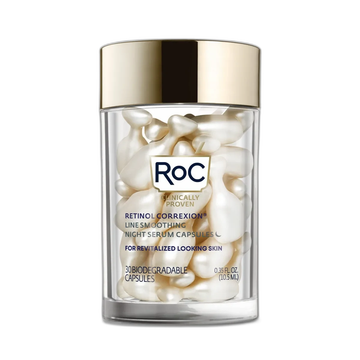 RoC Retinol Correxion Capsules Night Serum jar with biodegradable gold capsules