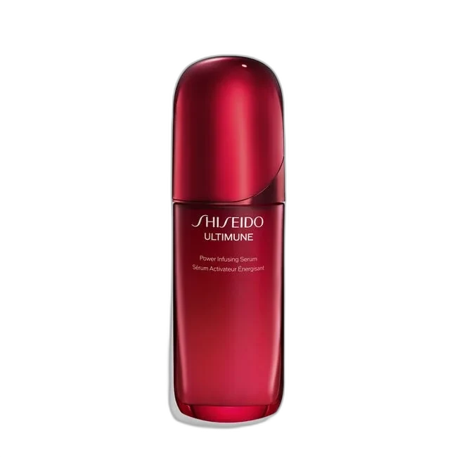 Shiseido Ultimune Power Infusing Concentrate red glass bottle with pump dispenser