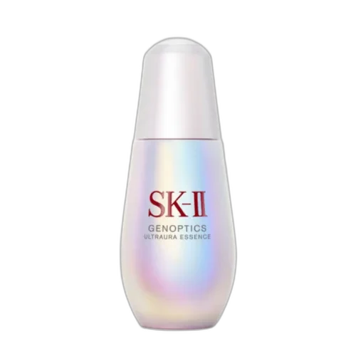 SK-II GenOptics Ultraura Essence brightening serum in frosted glass bottle with pump dispenser