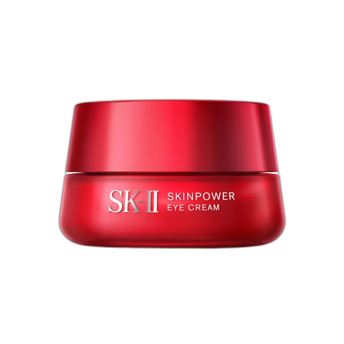 SK-II Skinpower Eye Cream in signature burgundy glass jar with silver lid and spatula applicator