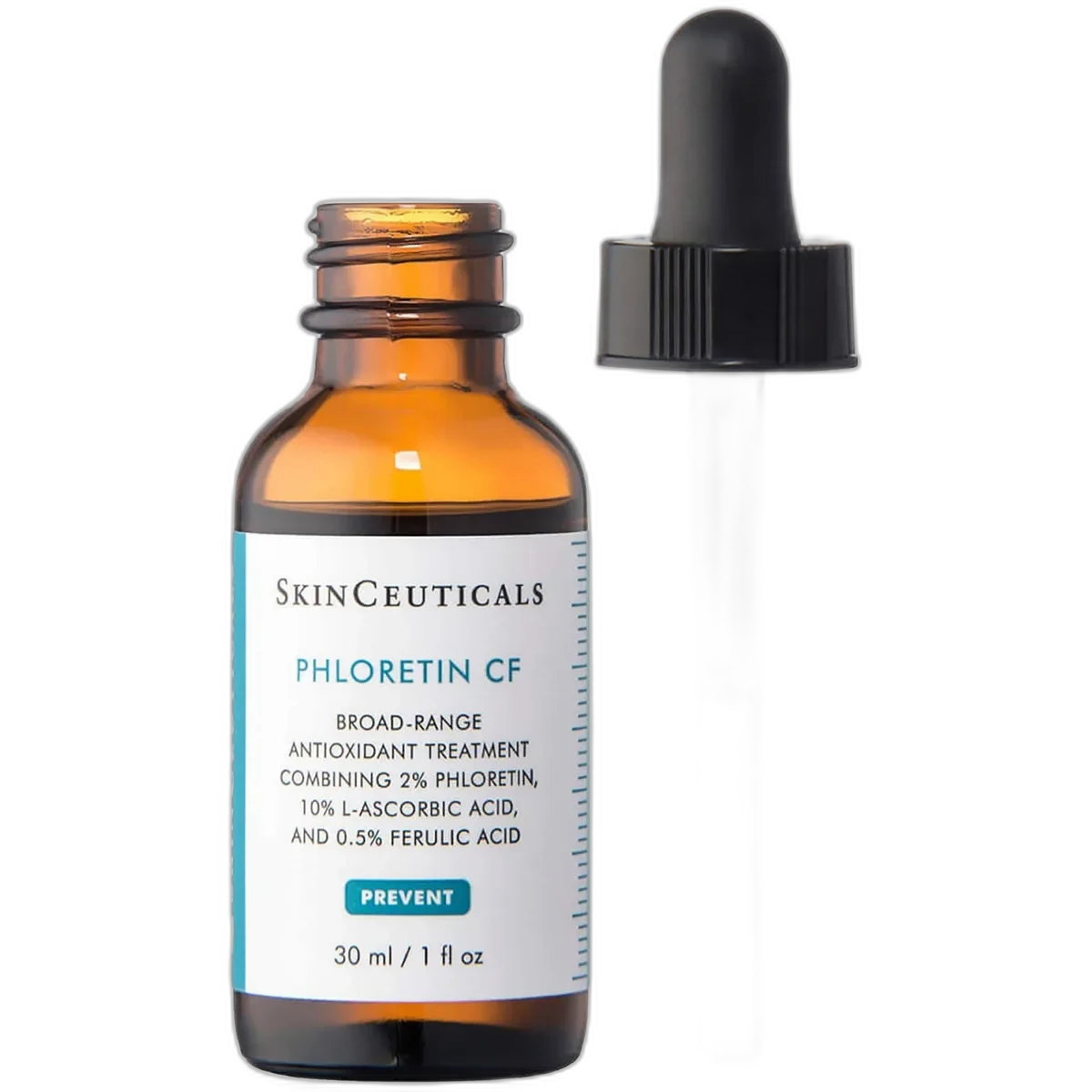 SkinCeuticals Phloretin CF antioxidant serum bottle on neutral background