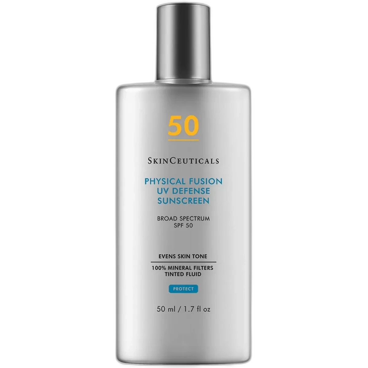SkinCeuticals Physical Fusion UV Defense SPF 50 tinted mineral sunscreen tube on neutral background