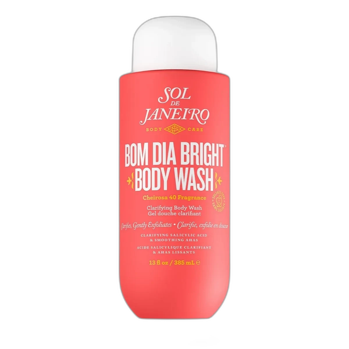 Sol de Janeiro Bom Dia Bright Clarifying AHA BHA Body Wash in a yellow squeeze tube