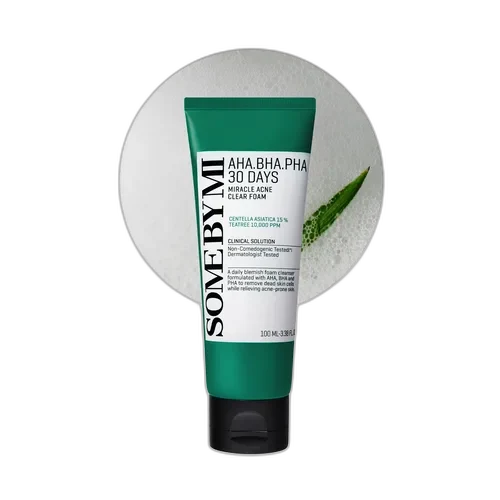 Some By Mi AHA BHA PHA 30 Days Miracle Cleansing Foam white squeeze tube with green accents
