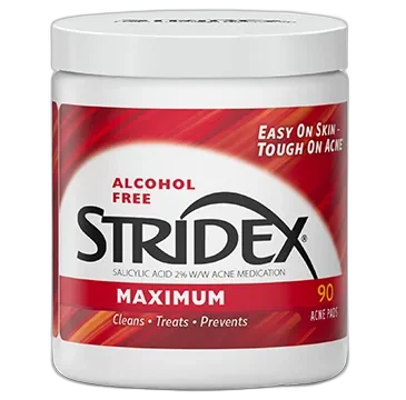 Stridex Maximum Strength Pads red round tub with snap-close lid containing 90 medicated