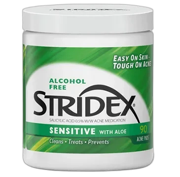 Stridex Sensitive Salicylic Acid Pads green round tub with snap-close lid