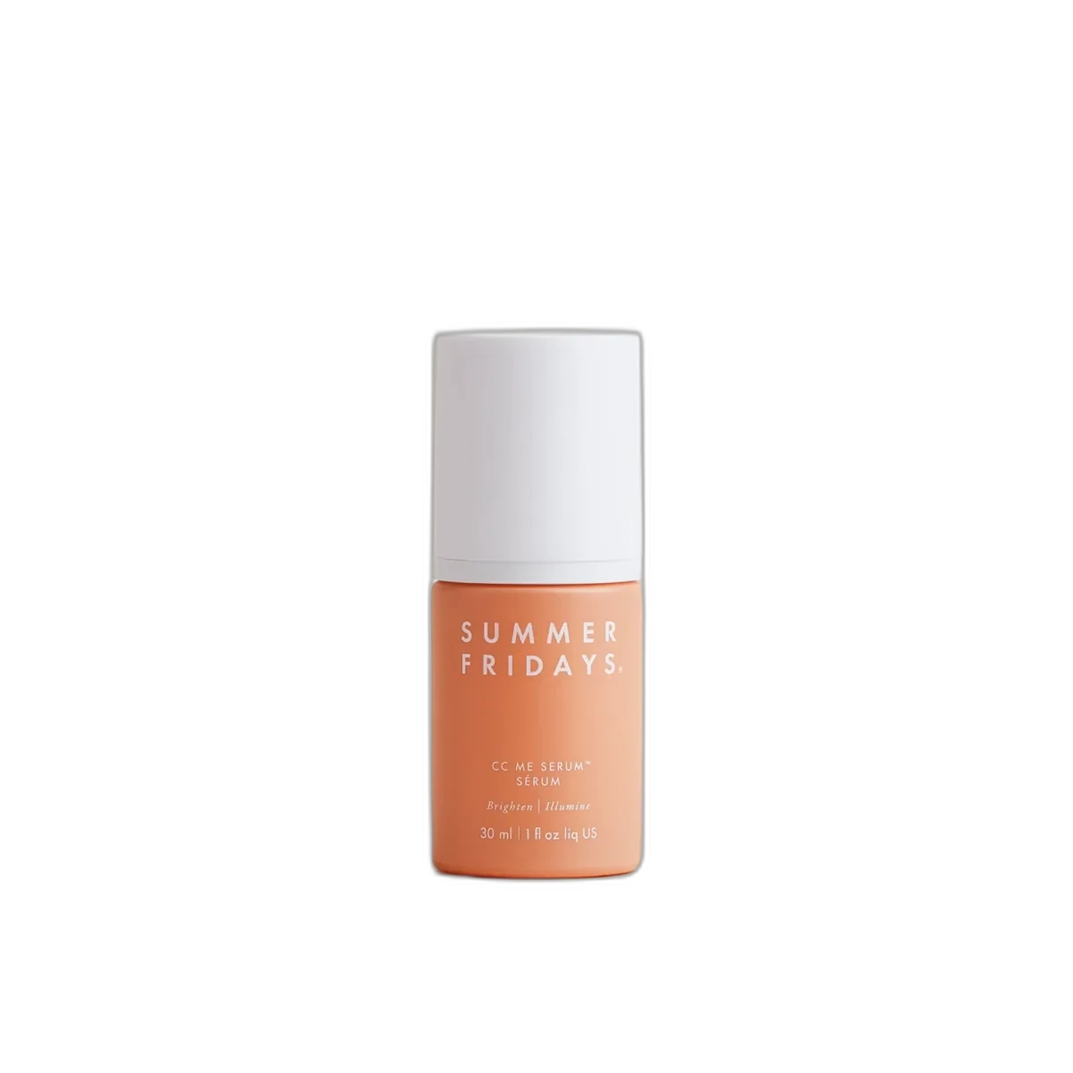 Summer Fridays CC Me Vitamin C Serum in frosted glass bottle with pump dispenser