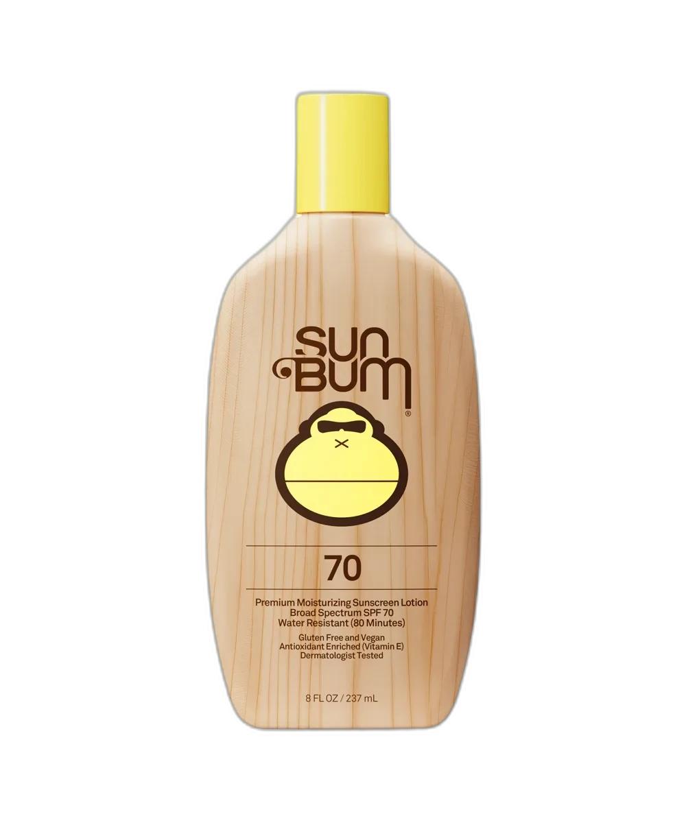 Sun Bum Original SPF 70 Sunscreen Lotion in a bright yellow squeeze tube with Sonny mascot