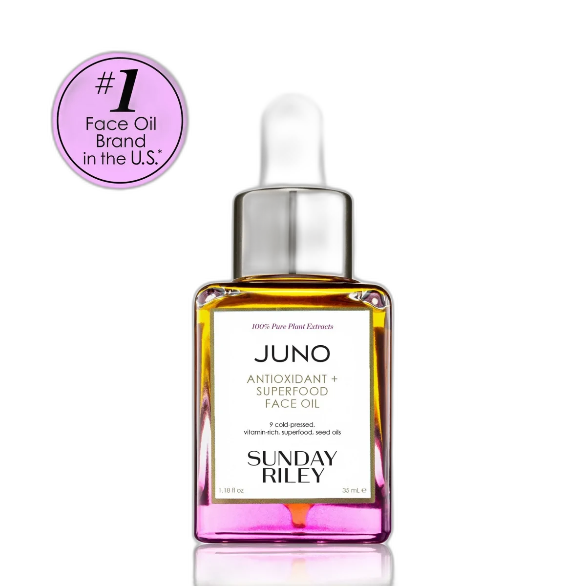 Sunday Riley Juno Antioxidant + Superfood Face Oil in an amber glass bottle with dropper