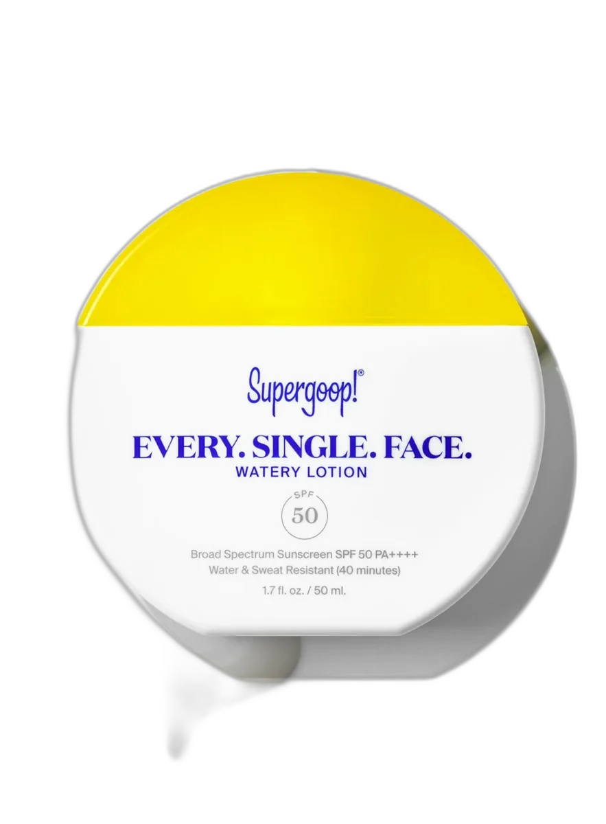 Supergoop Every Single Face Watery Lotion SPF 50 white tube with yellow accent