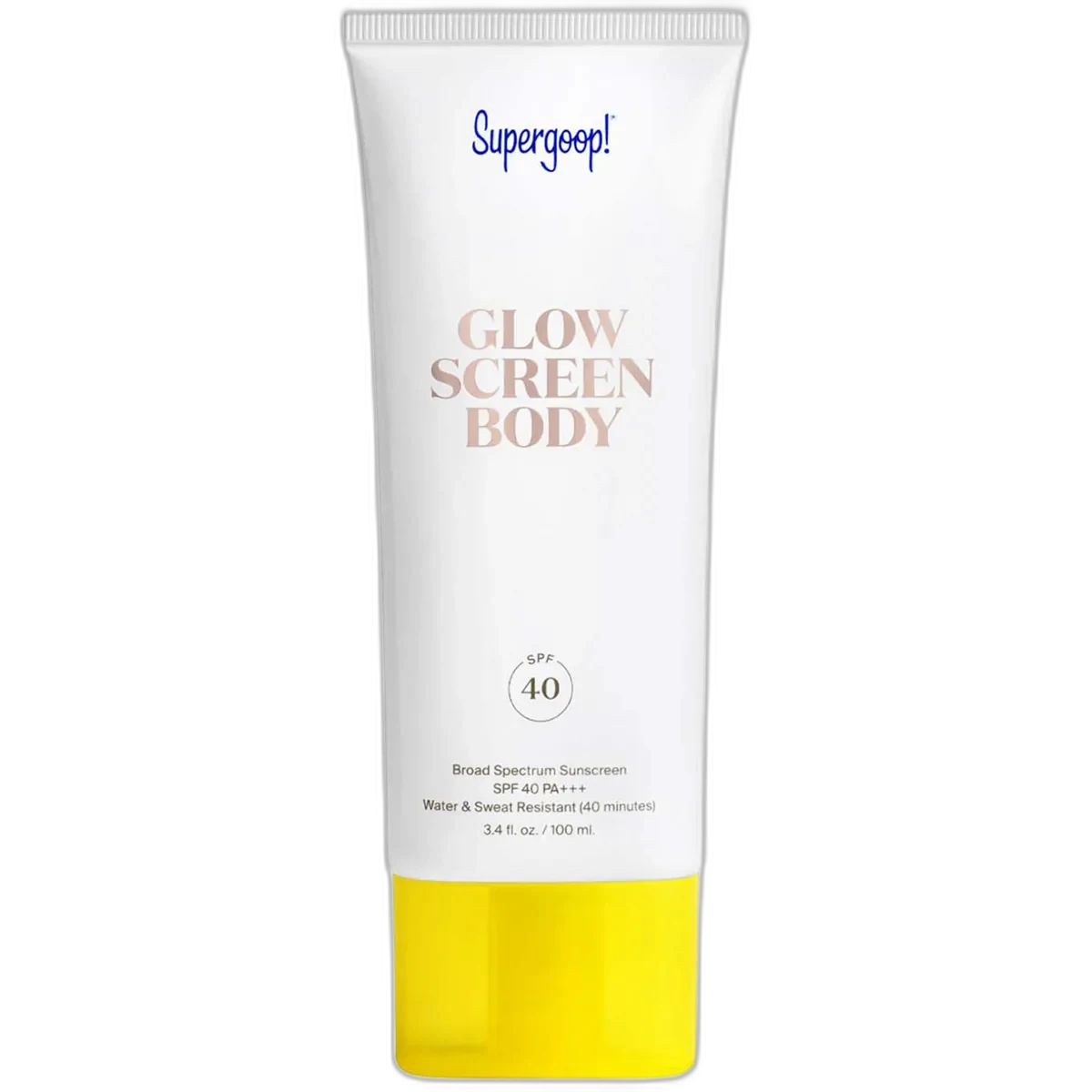 Supergoop Glowscreen Body SPF 40 white tube with pearlescent shimmer product visible through window