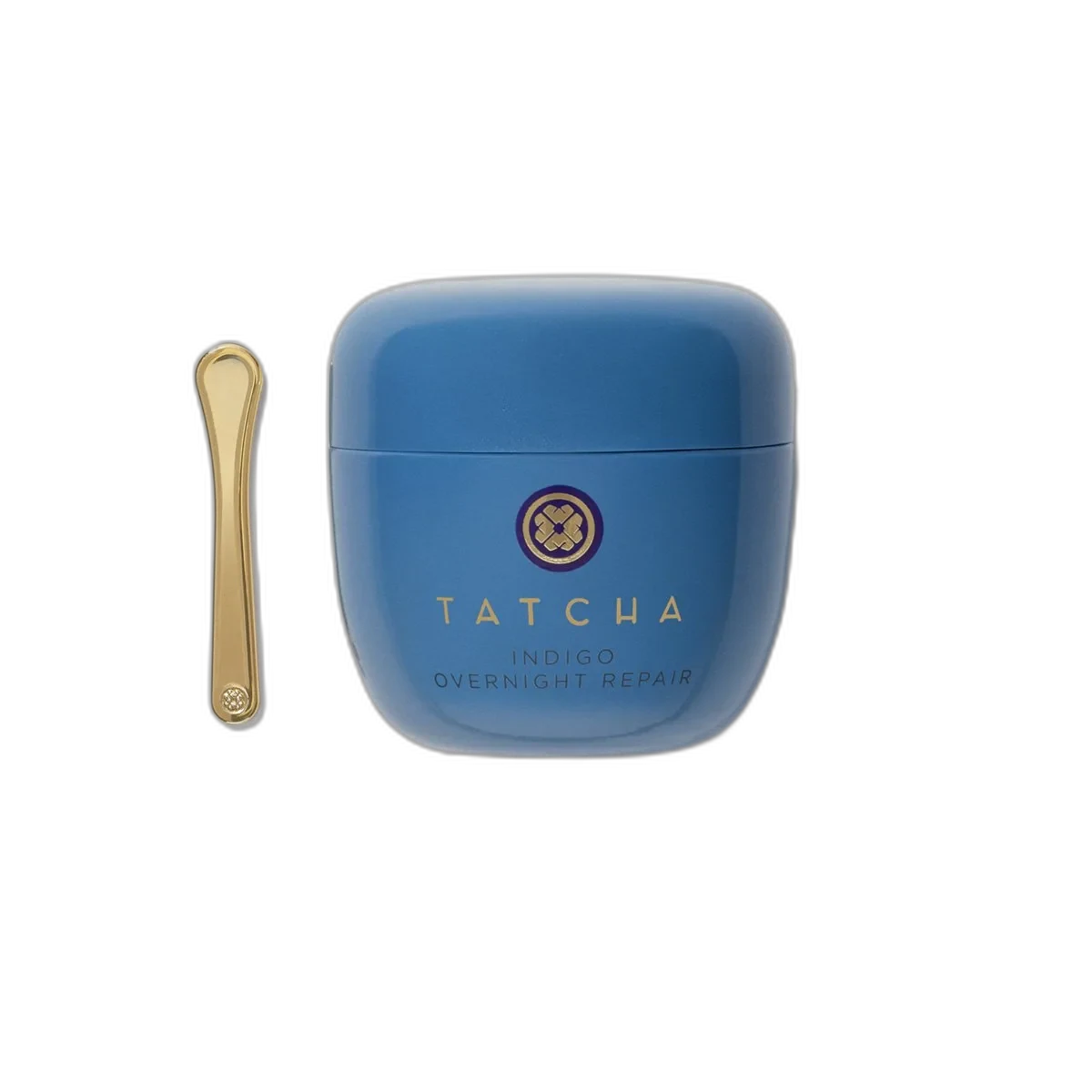 Tatcha Indigo Overnight Repair Serum in Cream in a purple glass jar with gold lid